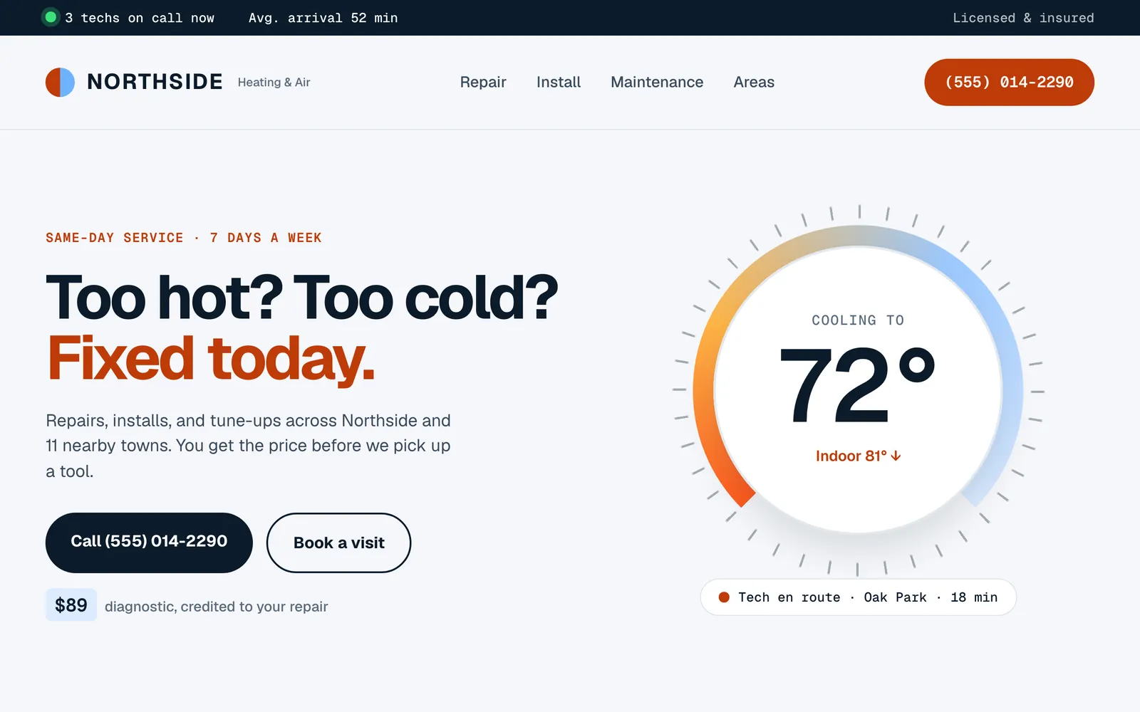 Northside Heating and Air concept homepage with a thermostat dial and Call button